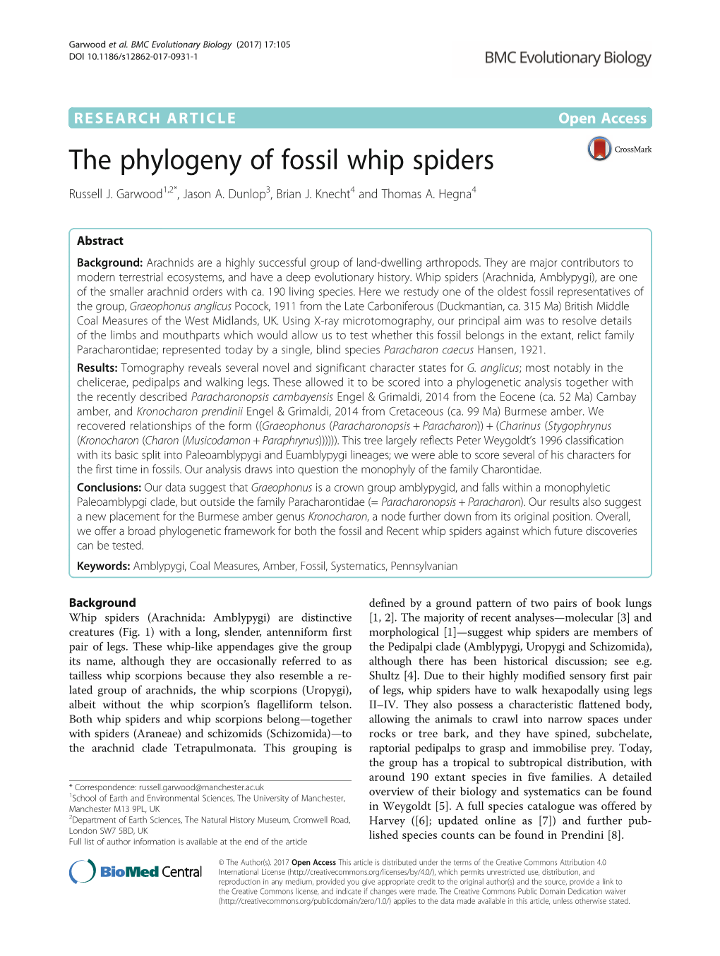 The Phylogeny of Fossil Whip Spiders Russell J