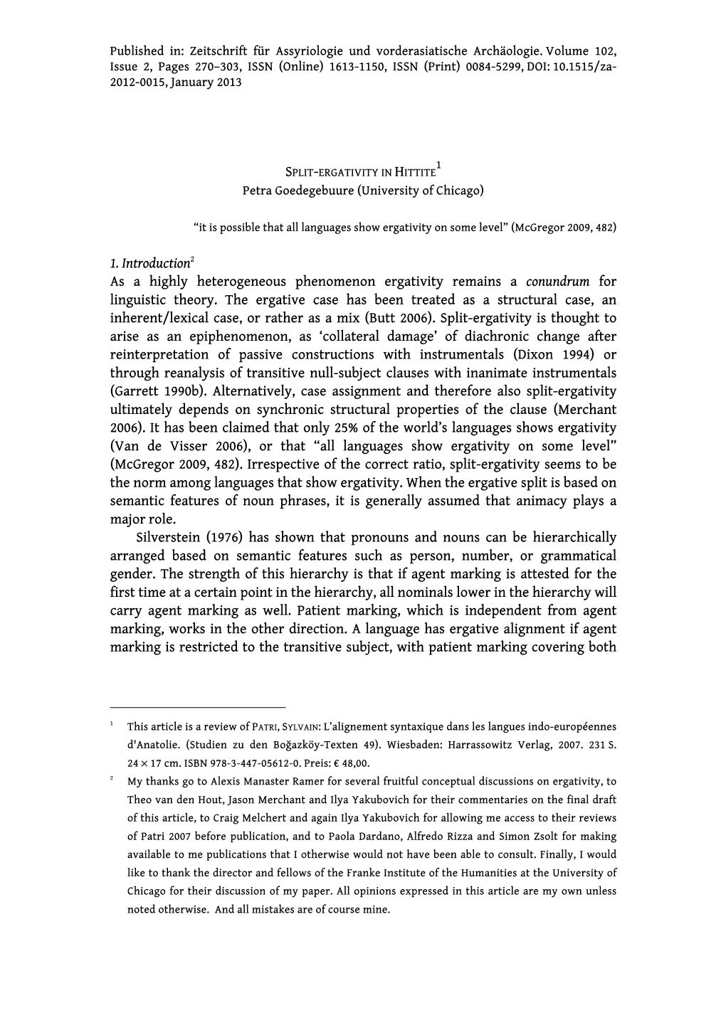 SPLIT-ERGATIVITY in HITTITE Petra Goedegebuure (University of Chicago)