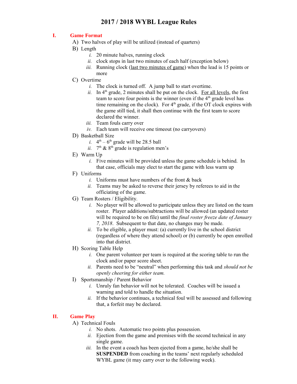 WYBL League Rules