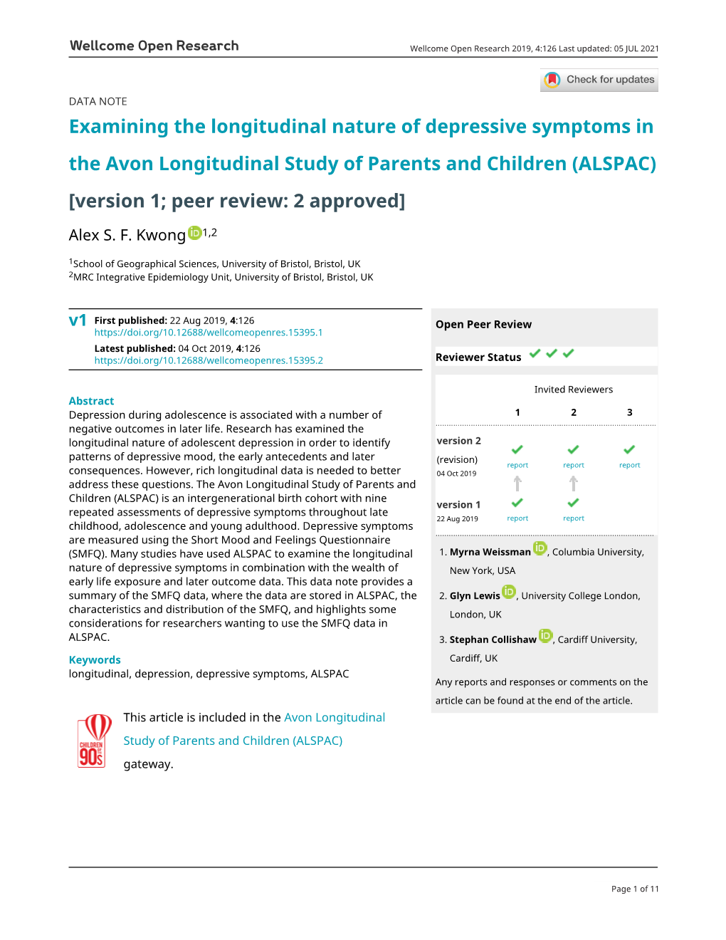 Examining the Longitudinal Nature of Depressive Symptoms in the Avon Longitudinal Study of Parents and Children (ALSPAC) [Version 1; Peer Review: 2 Approved]
