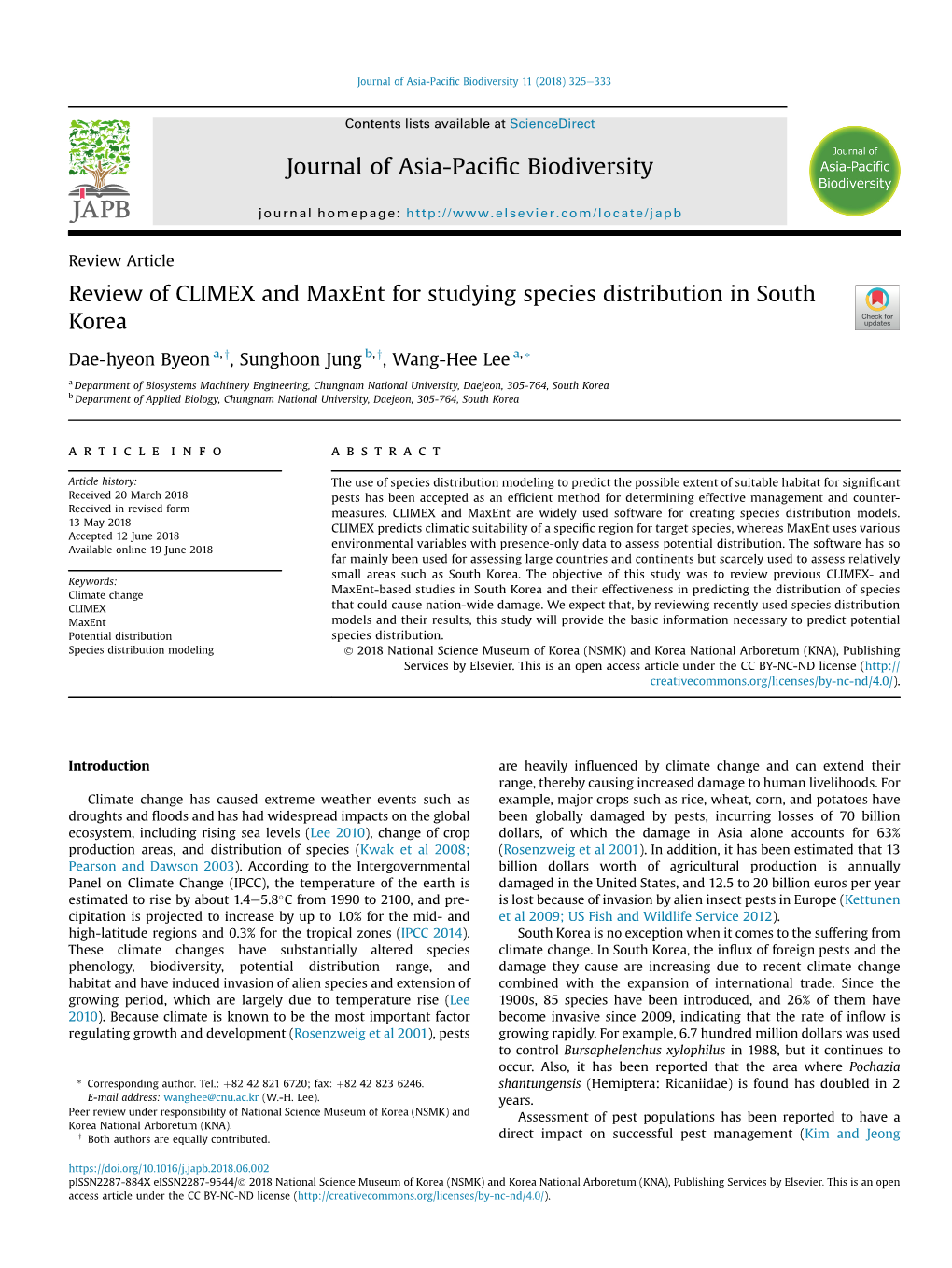 Review of CLIMEX and Maxent for Studying Species Distribution in South Korea