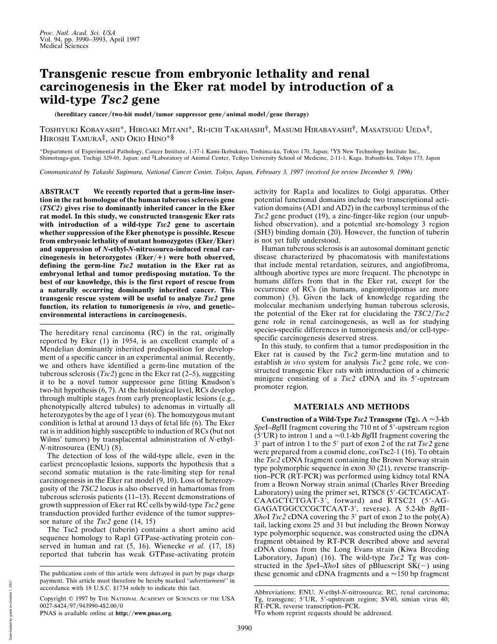 Transgenic Rescue from Embryonic Lethality and Renal Carcinogenesis in the Eker Rat Model by Introduction of a Wild-Type Tsc2 Ge