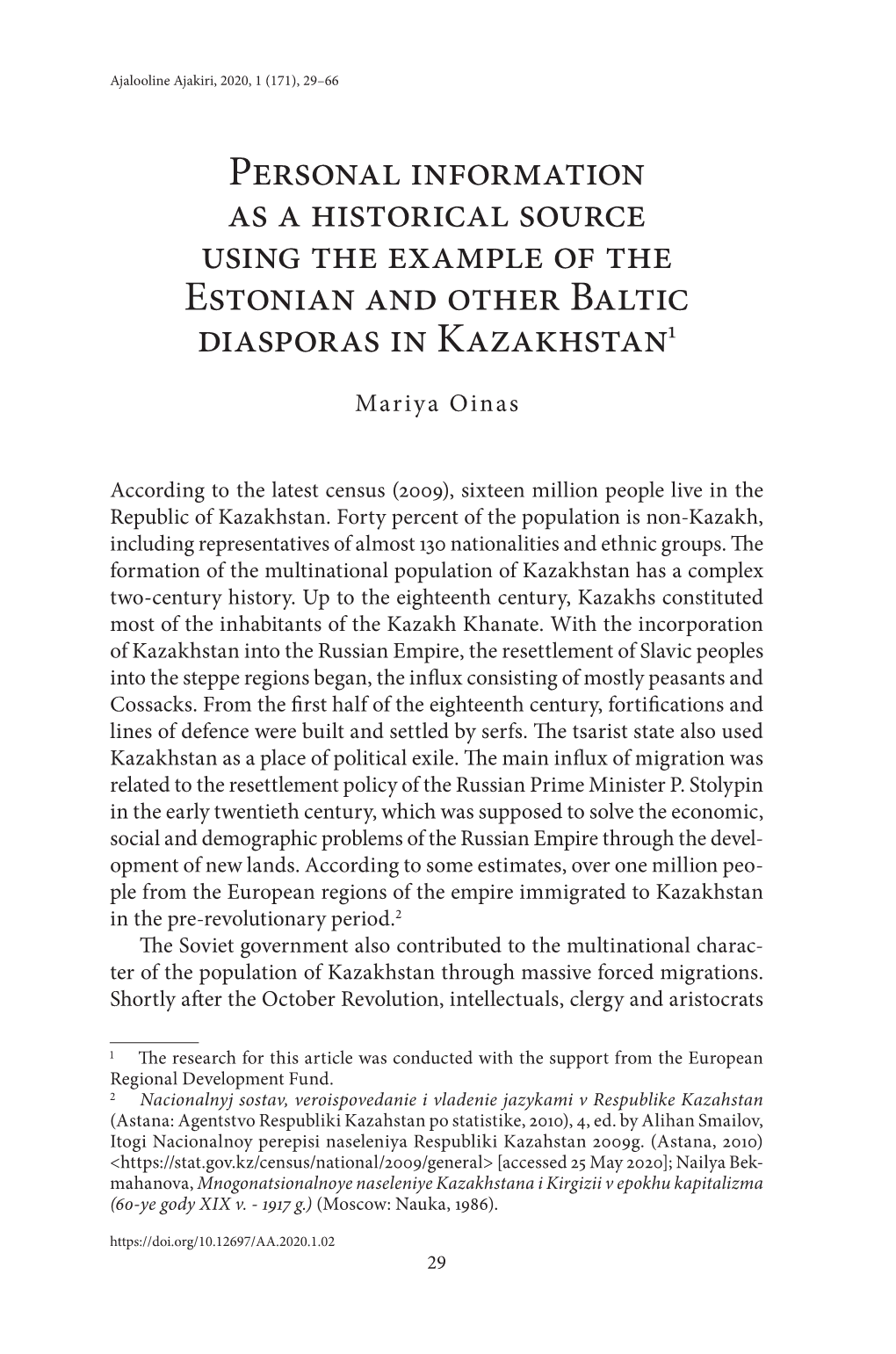 Personal Information As a Historical Source Using the Example of the Estonian and Other Baltic Diasporas in Kazakhstan1