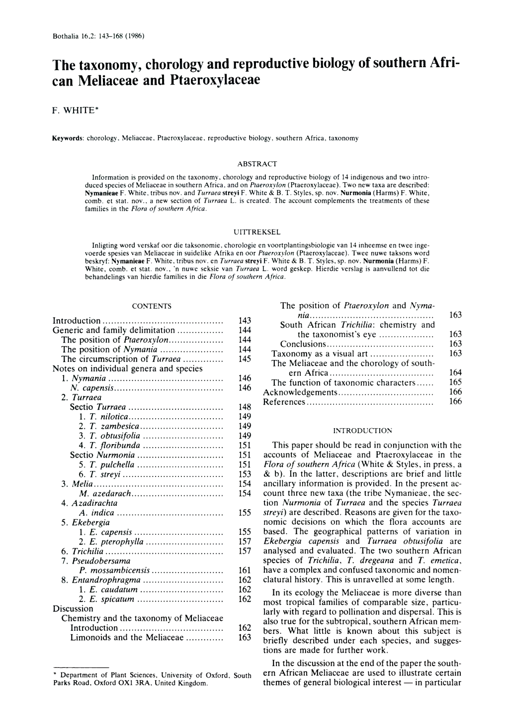 The Taxonomy, Chorology and Reproductive Biology of Southern Afri­ Can Meliaceae and Ptaeroxylaceae