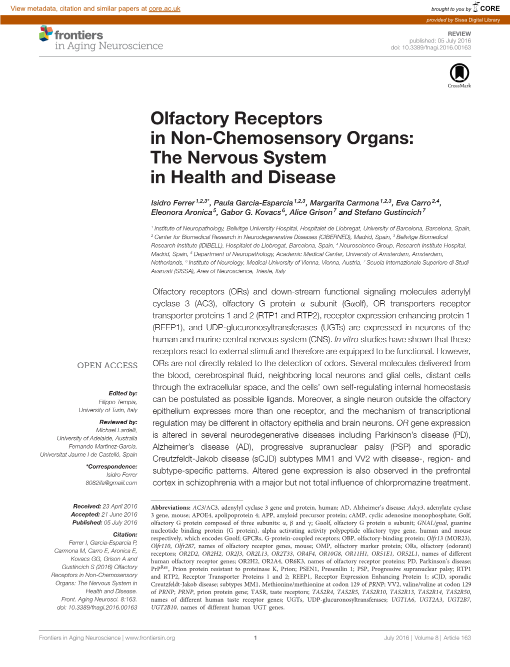 Olfactory Receptors in Non-Chemosensory Organs: the Nervous System in Health and Disease