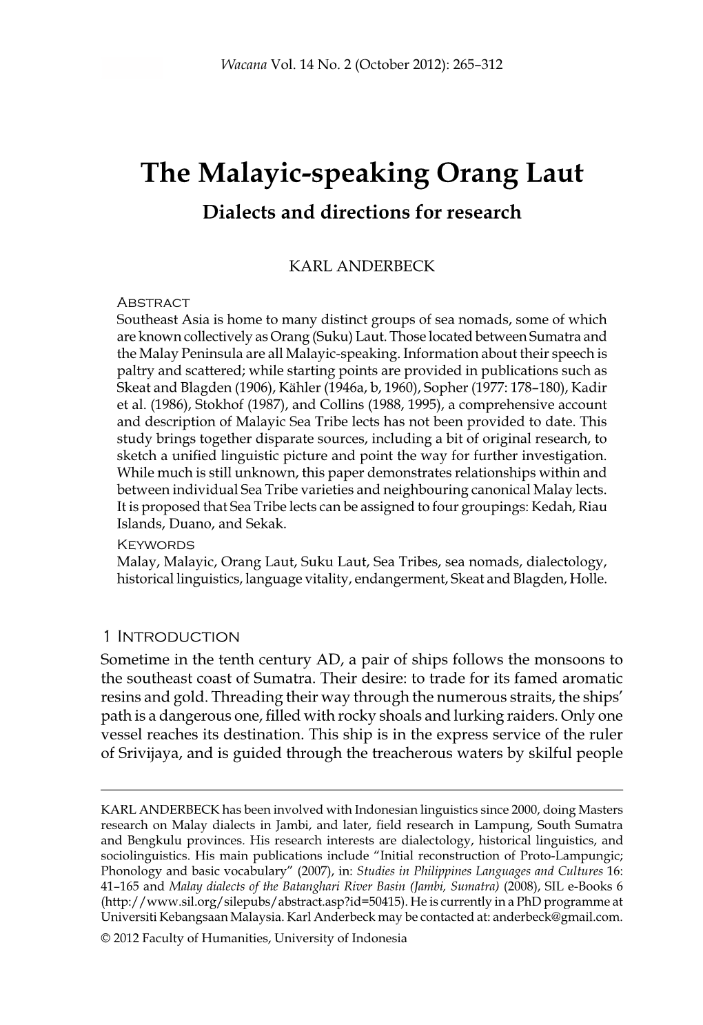 The Malayic-Speaking Orang Laut Dialects and Directions for Research