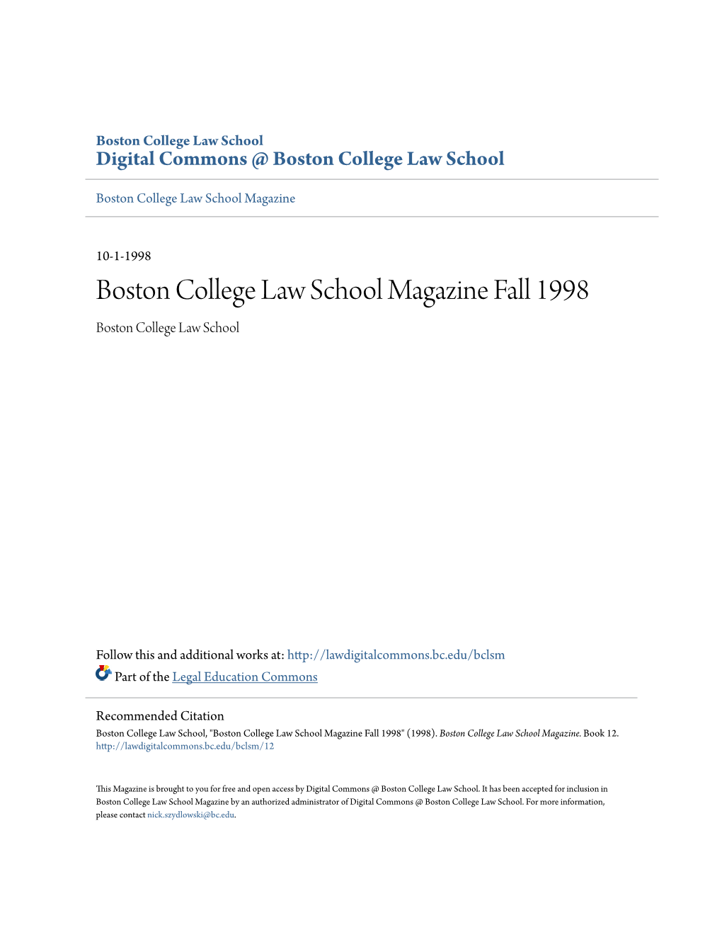 Boston College Law School Magazine Fall 1998 Boston College Law School