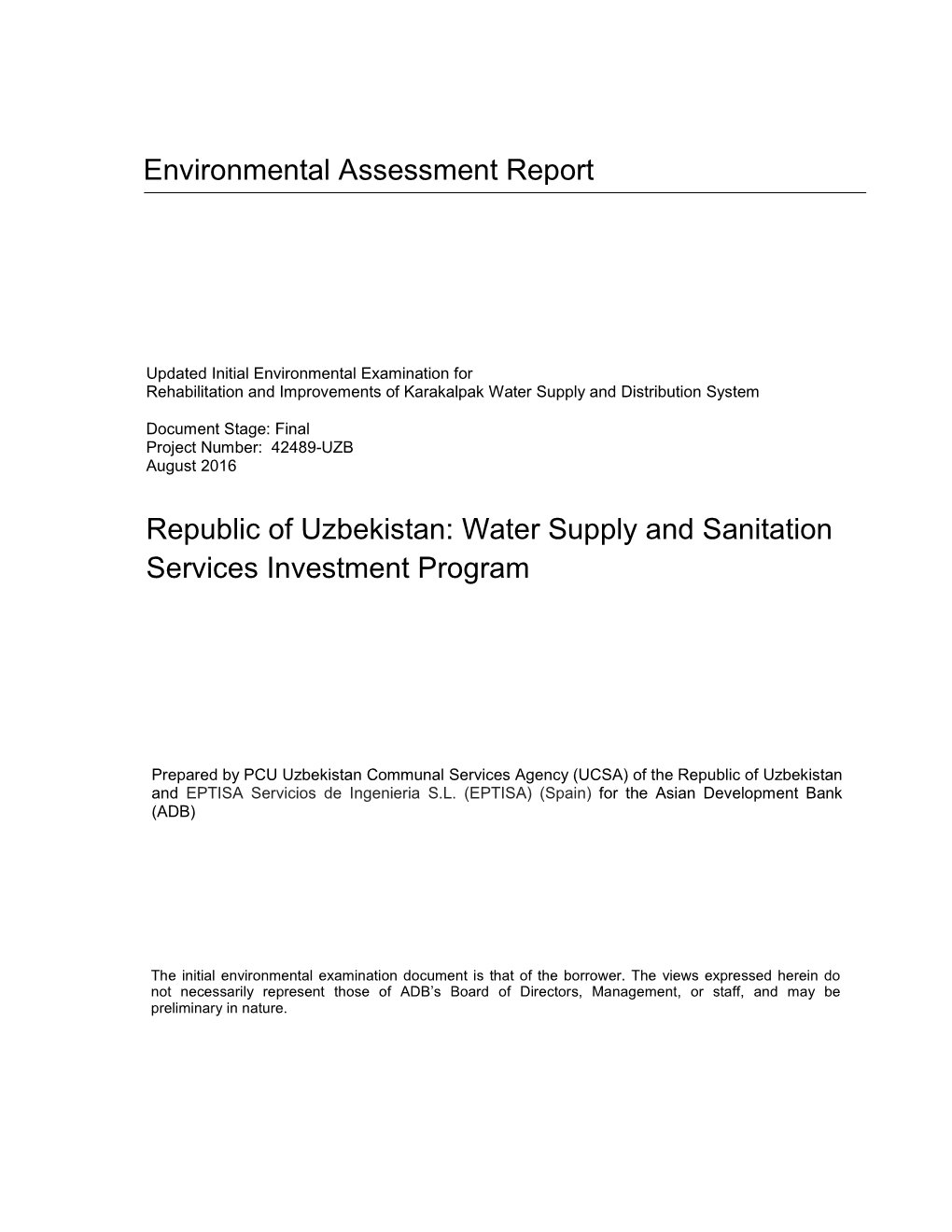 Republic of Uzbekistan: Water Supply and Sanitation Services Investment Program