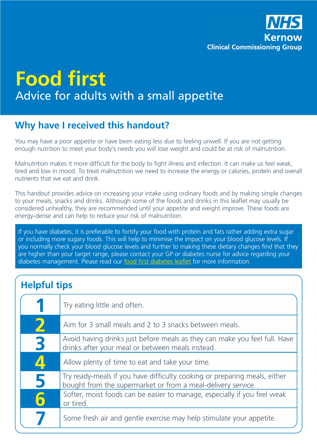 Food First Advice for Adults with a Small Appetite 2021