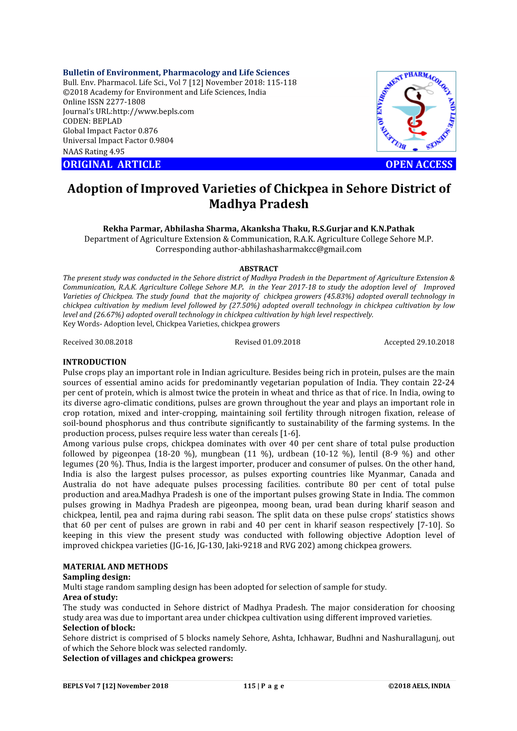 Adoption of Improved Varieties of Chickpea in Sehore District of Madhya Pradesh