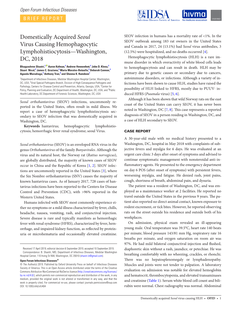 Domestically Acquired Seoul Virus Causing Hemophagocytic Lymphohistiocytosis—Washington, DC, 2018