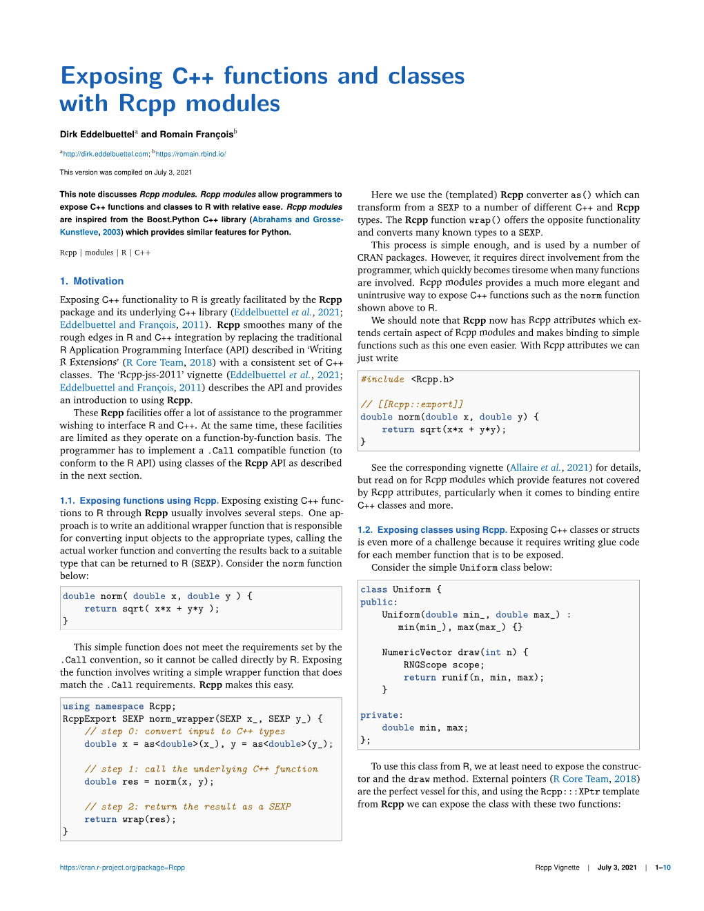 Exposing C++ Functions and Classes with Rcpp Modules