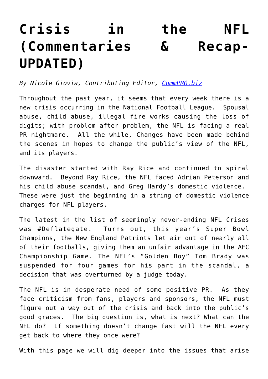 Crisis in the NFL (Commentaries & Recap- UPDATED)
