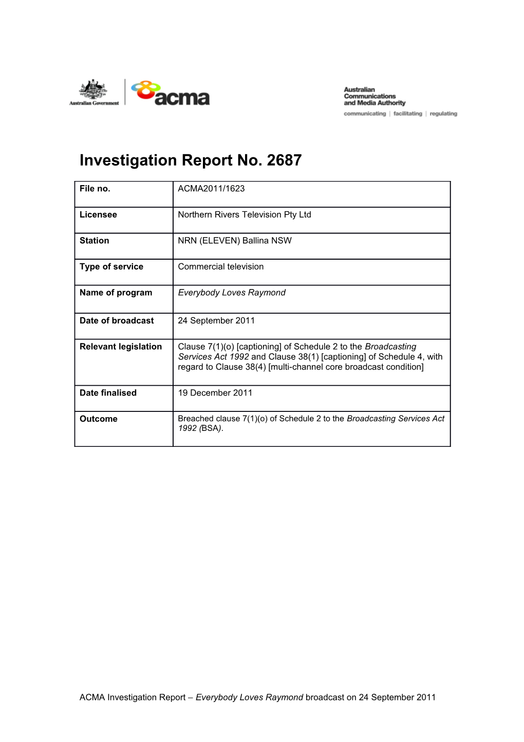 NRN (Eleven) Ballina - ACMA Investigation Report 2687