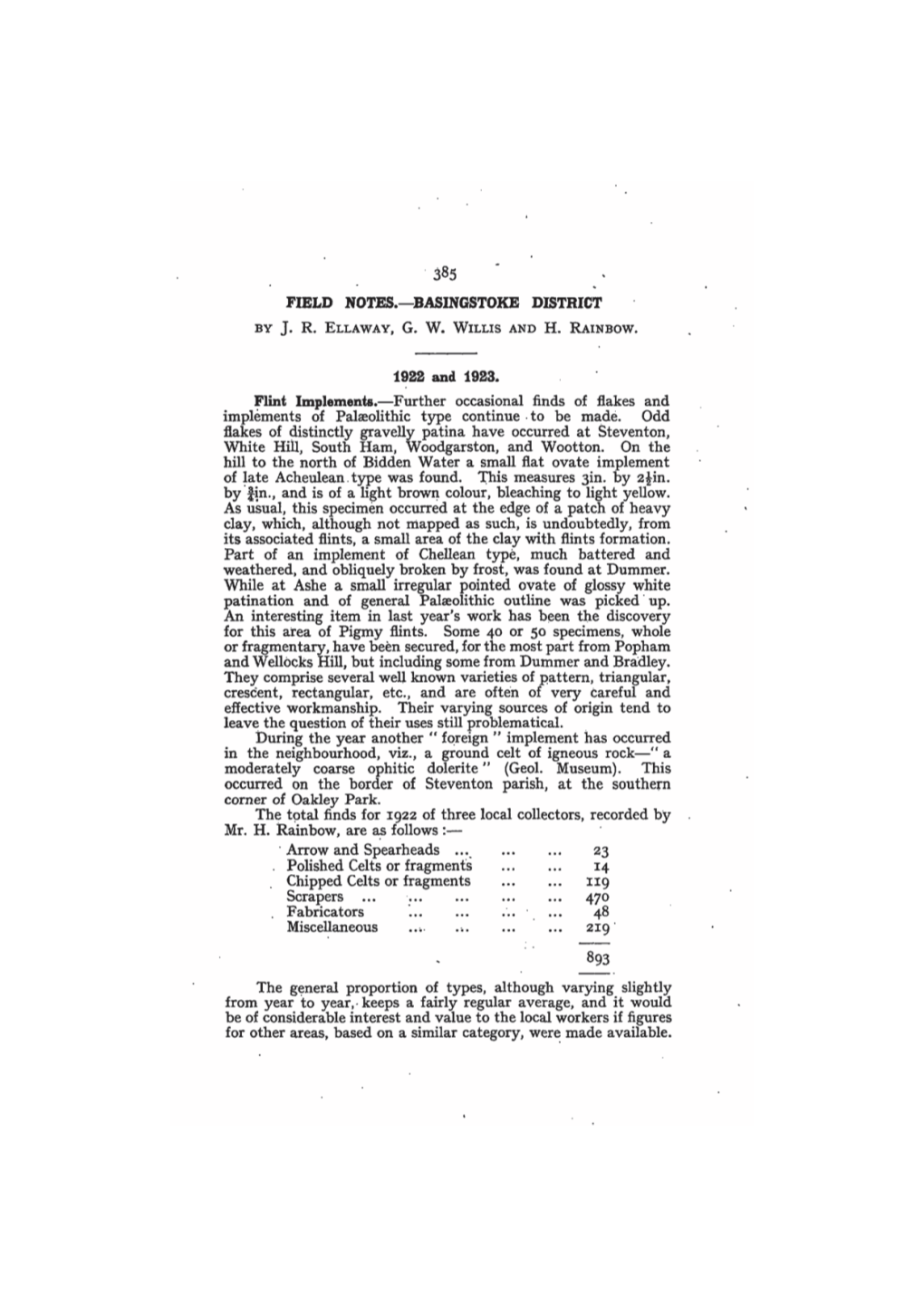 BASINGSTOKE DISTRICT 1922 and 1923. Flint Implements