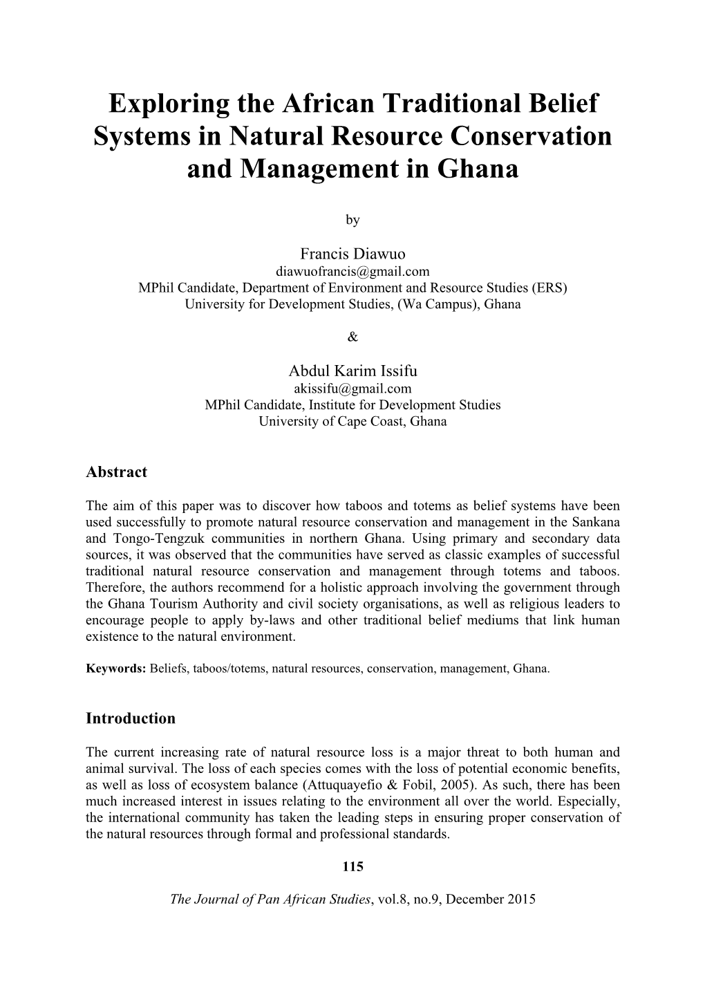 Exploring the African Traditional Belief Systems in Natural Resource Conservation and Management in Ghana