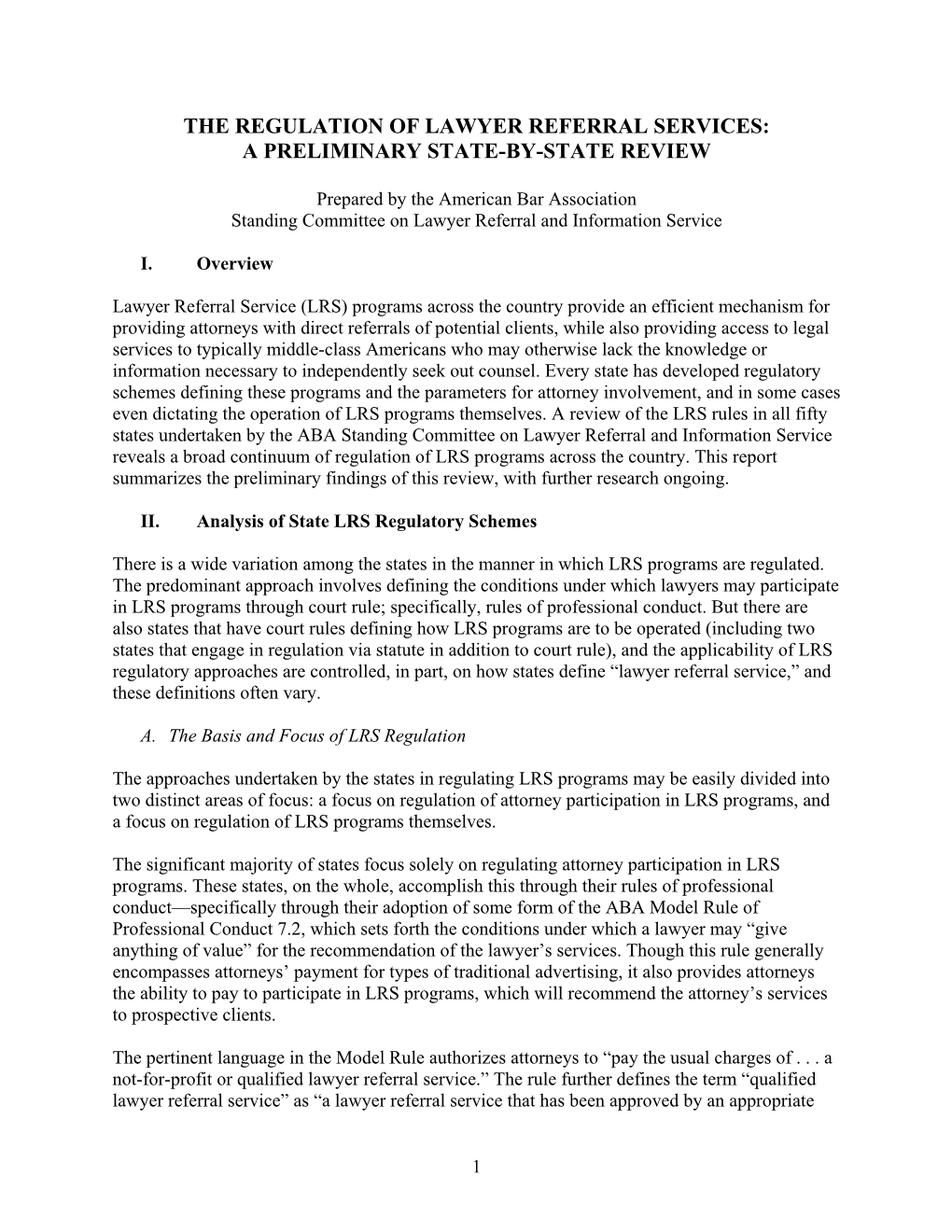 The Regulation of Lawyer Referral Services: a Preliminary State-By-State Review