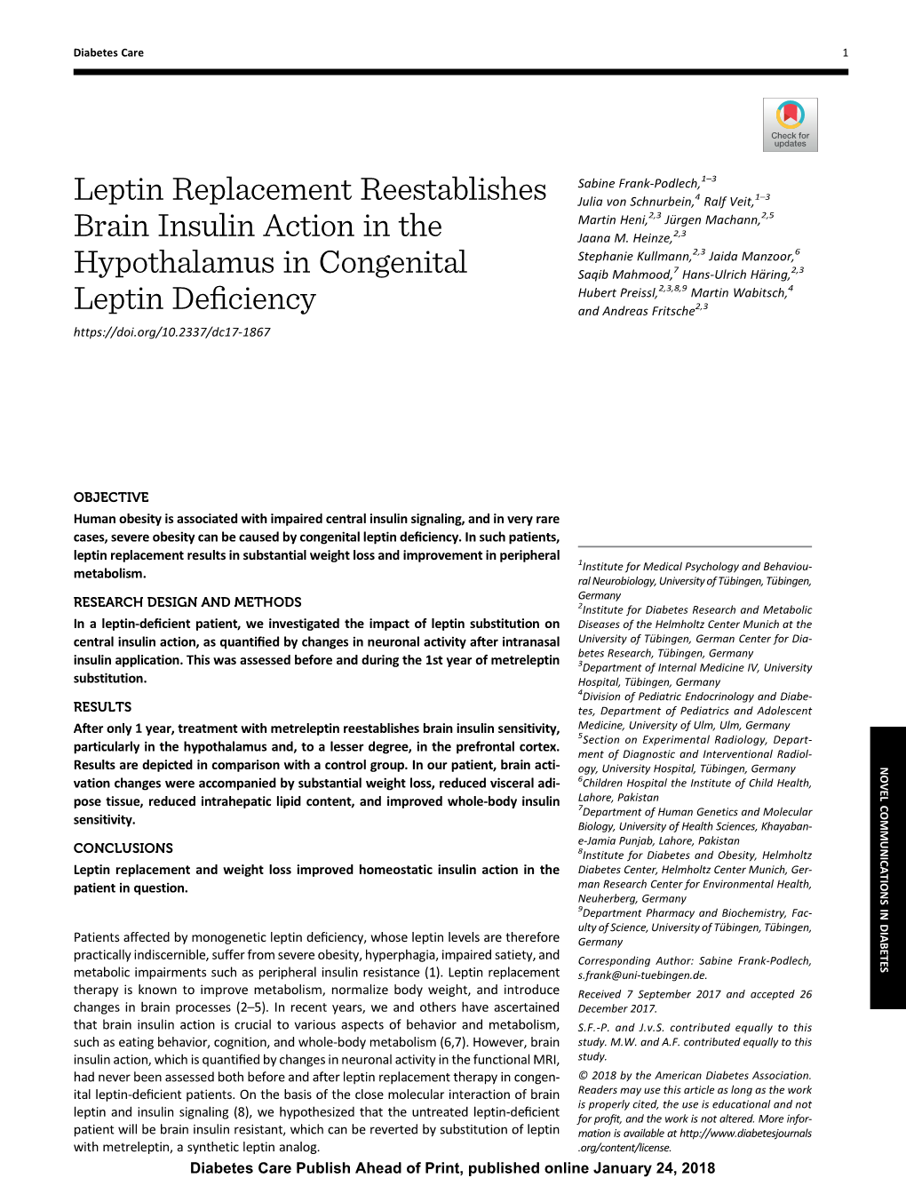 Leptin Replacement Reestablishes Brain Insulin Action in The