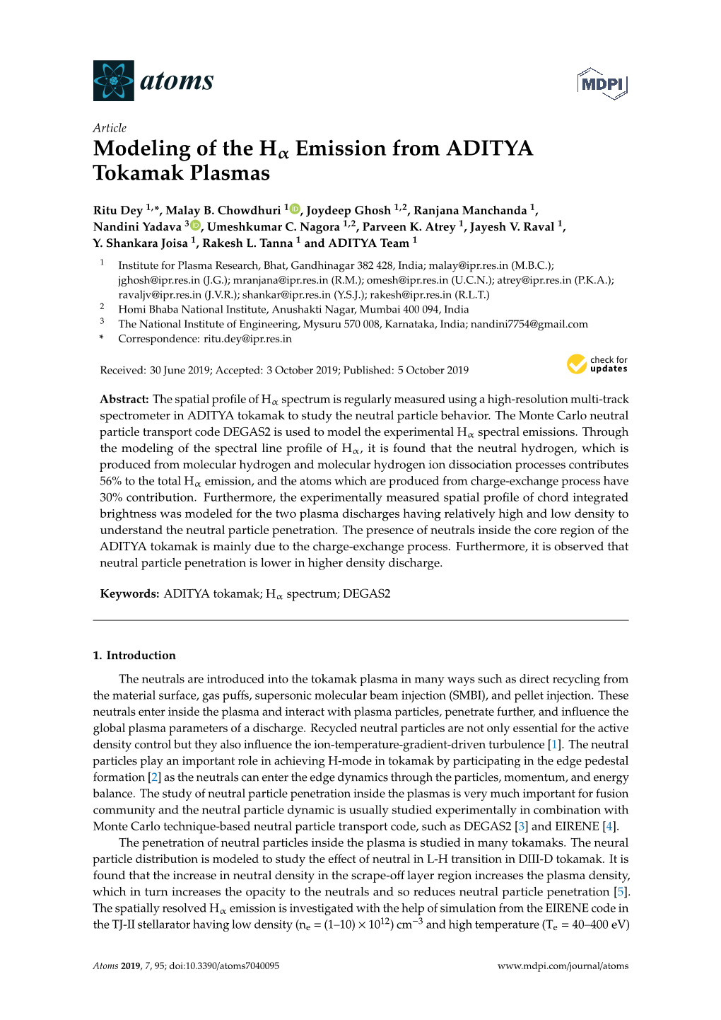 Modeling of the Hα Emission from ADITYA Tokamak Plasmas