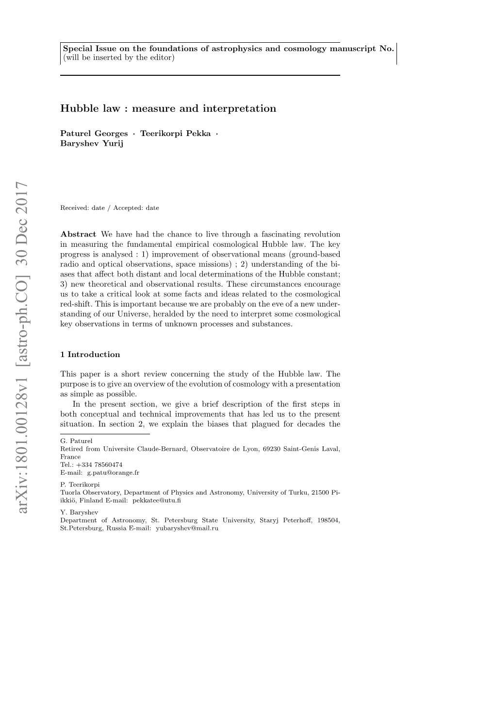 Hubble Law: Measure and Interpretation