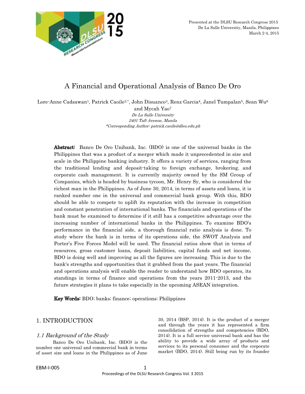 A Financial and Operational Analysis of Banco De Oro