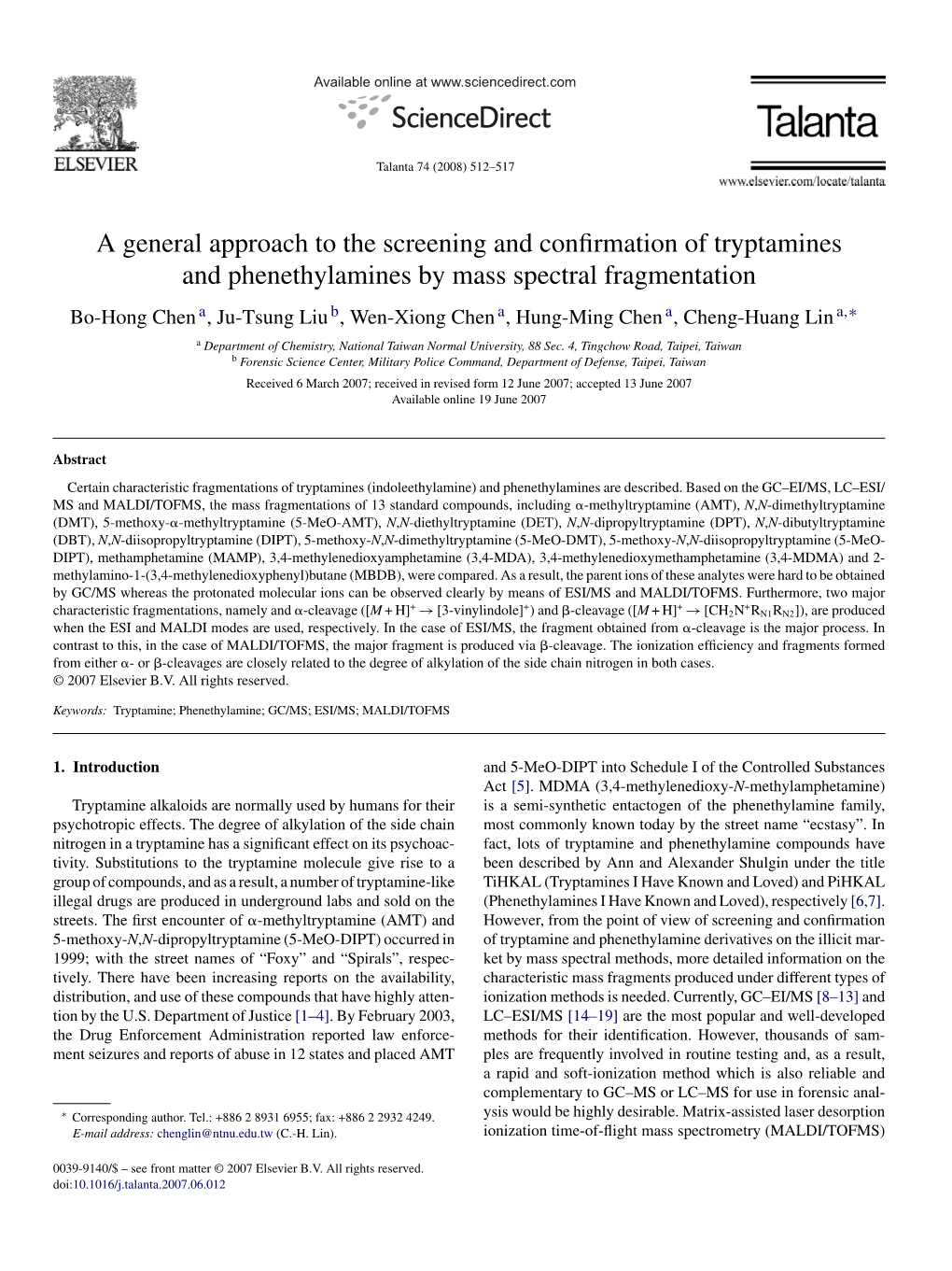 A General Approach to the Screening and Confirmation of Tryptamines And