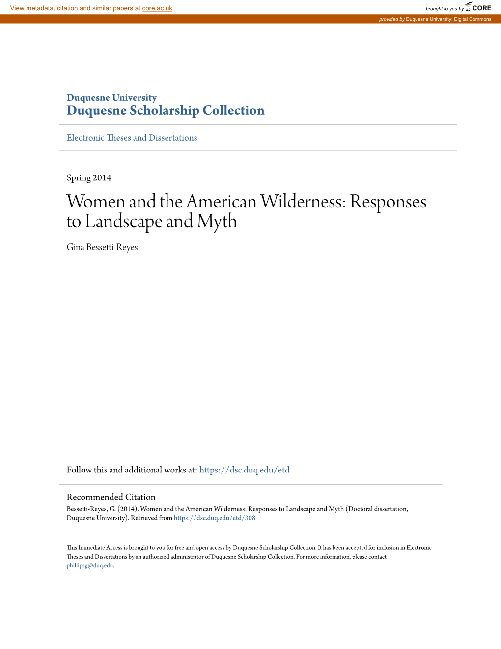 Women and the American Wilderness: Responses to Landscape and Myth Gina Bessetti-Reyes