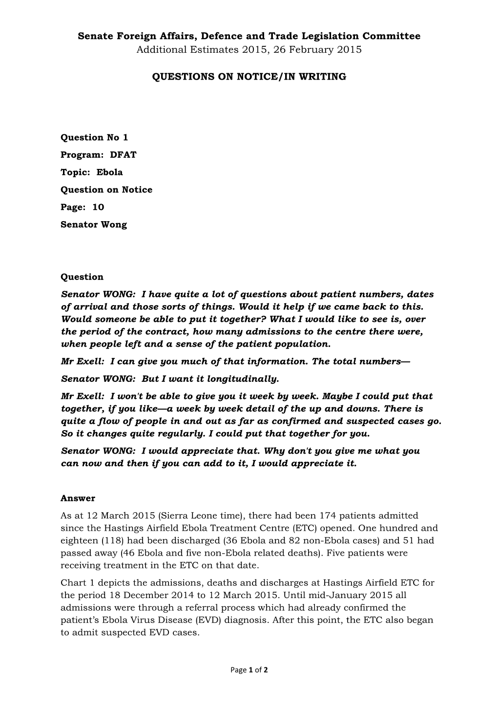 Senate Foreign Affairs, Defence and Trade Legislation Committee Additional Estimates 2015, 26 February 2015