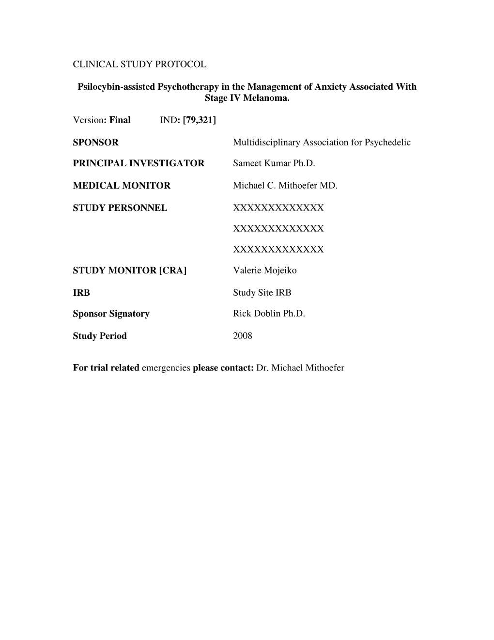 CLINICAL STUDY PROTOCOL Psilocybin-Assisted Psychotherapy