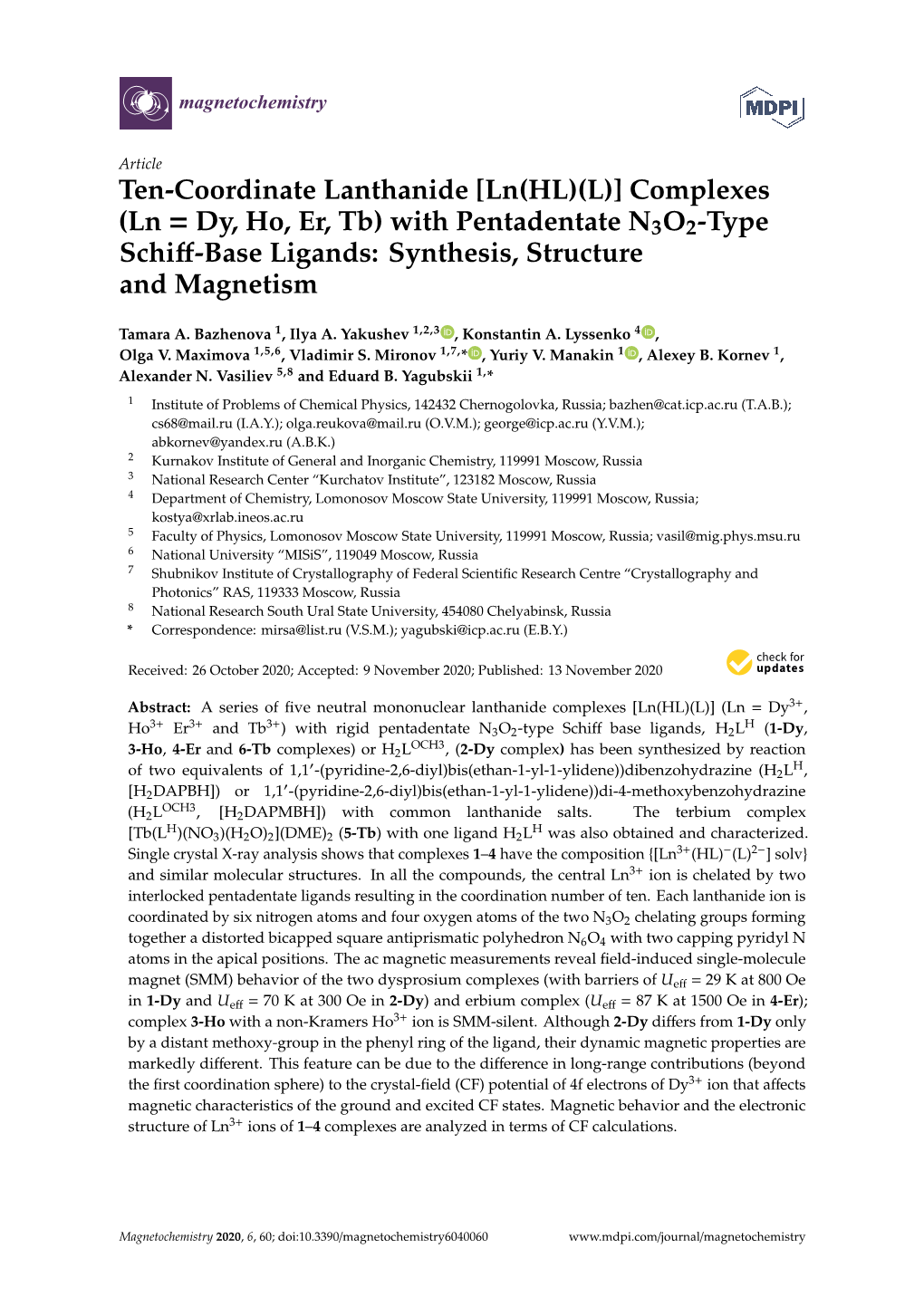 Ten-Coordinate Lanthanide [Ln(HL)(L)] Complexes (Ln = Dy, Ho, Er, Tb) with Pentadentate N3O2-Type Schiﬀ-Base Ligands: Synthesis, Structure and Magnetism