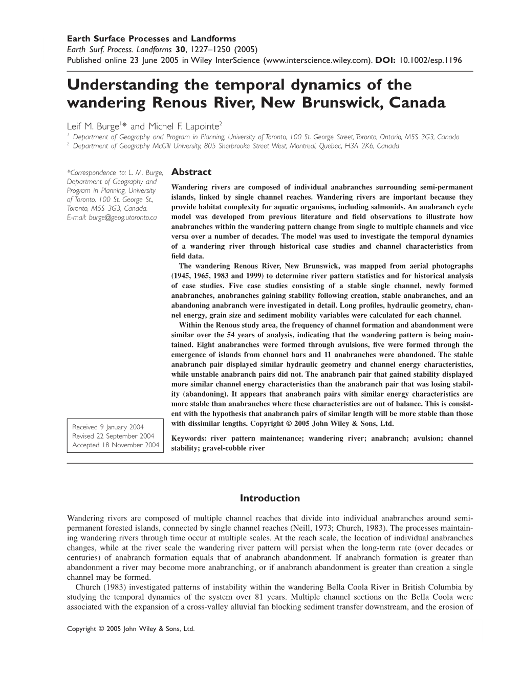 Understanding the Temporal Dynamics of the Wandering Renous River, New Brunswick, Canada