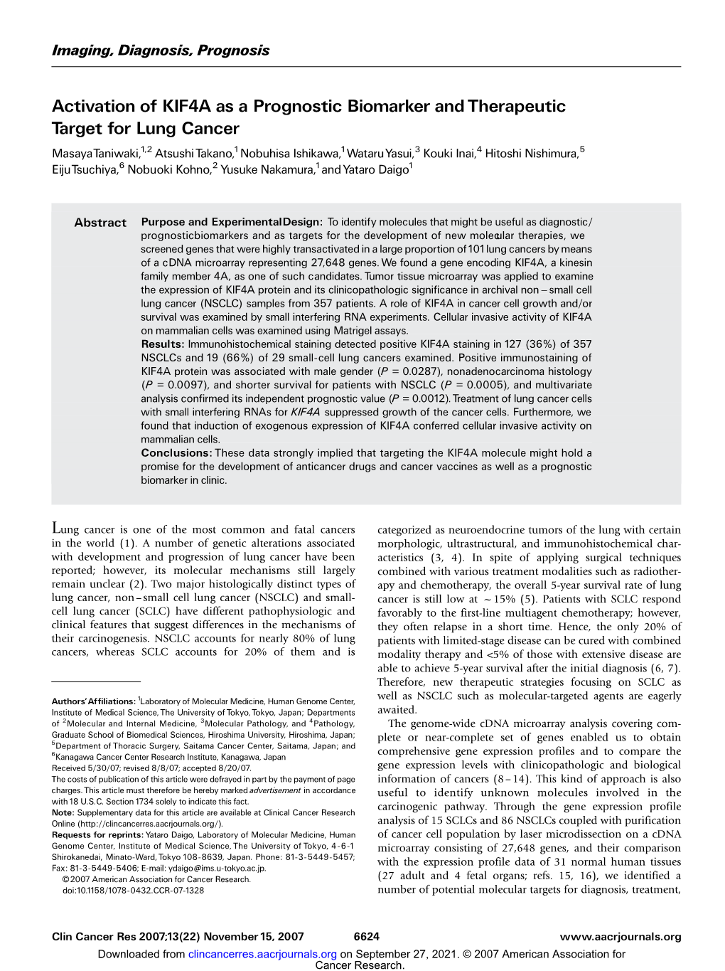 Activation of KIF4A As a Prognostic Biomarker and Therapeutic Target for Lung Cancer