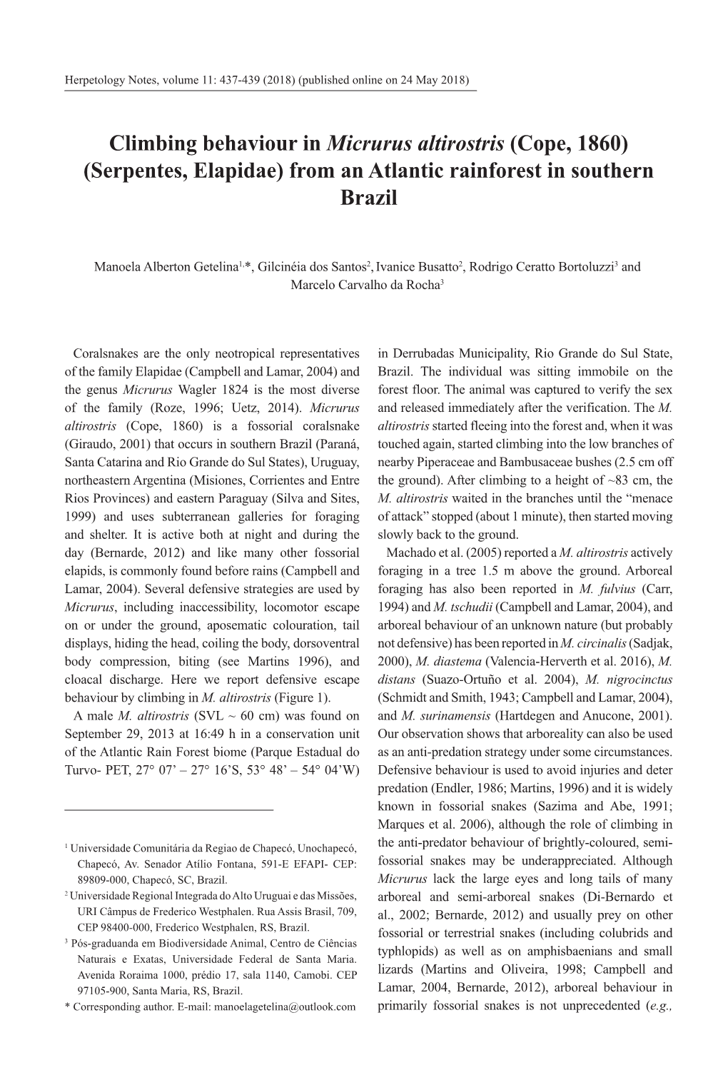 Climbing Behaviour in Micrurus Altirostris (Cope, 1860) (Serpentes, Elapidae) from an Atlantic Rainforest in Southern Brazil