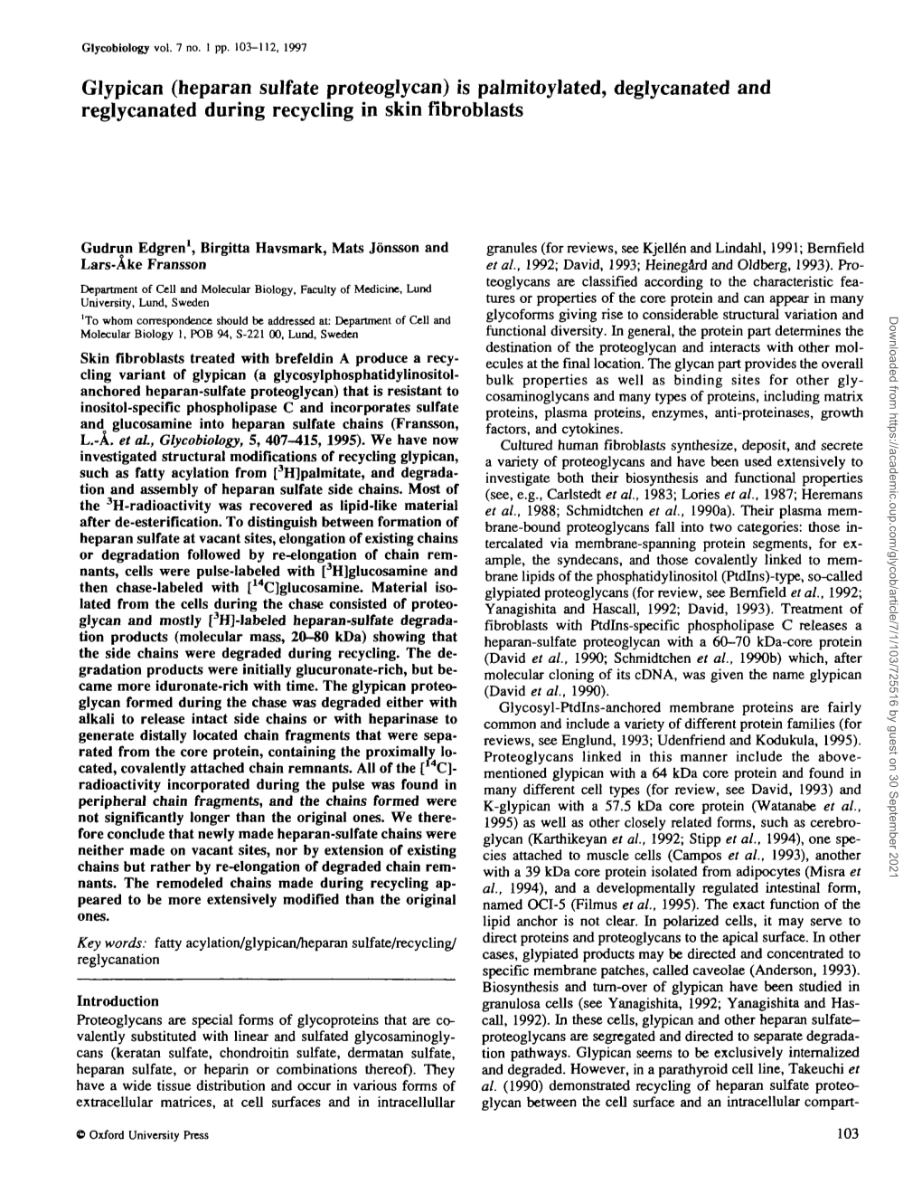 Glypican (Heparan Sulfate Proteoglycan) Is Palmitoylated, Deglycanated and Reglycanated During Recycling in Skin Fibroblasts