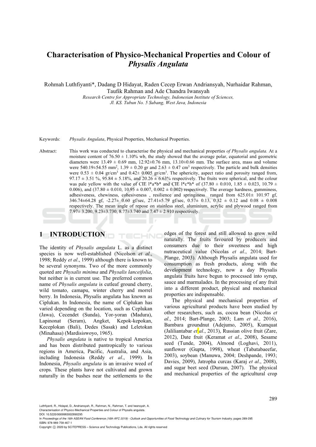 Characterisation of Physico-Mechanical Properties and Colour of Physalis Angulata