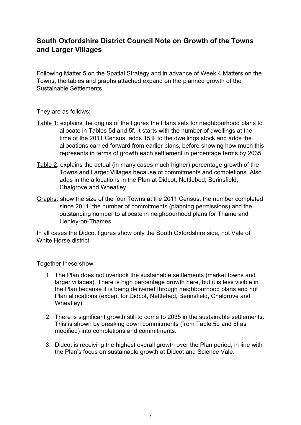 South Oxfordshire District Council Note on Growth of the Towns and Larger Villages