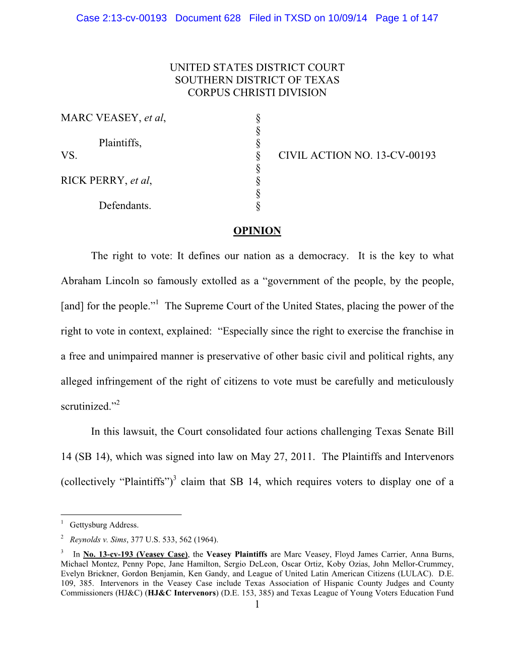 Case 2:13-Cv-00193 Document 628 Filed in TXSD on 10/09/14 Page 1 of 147