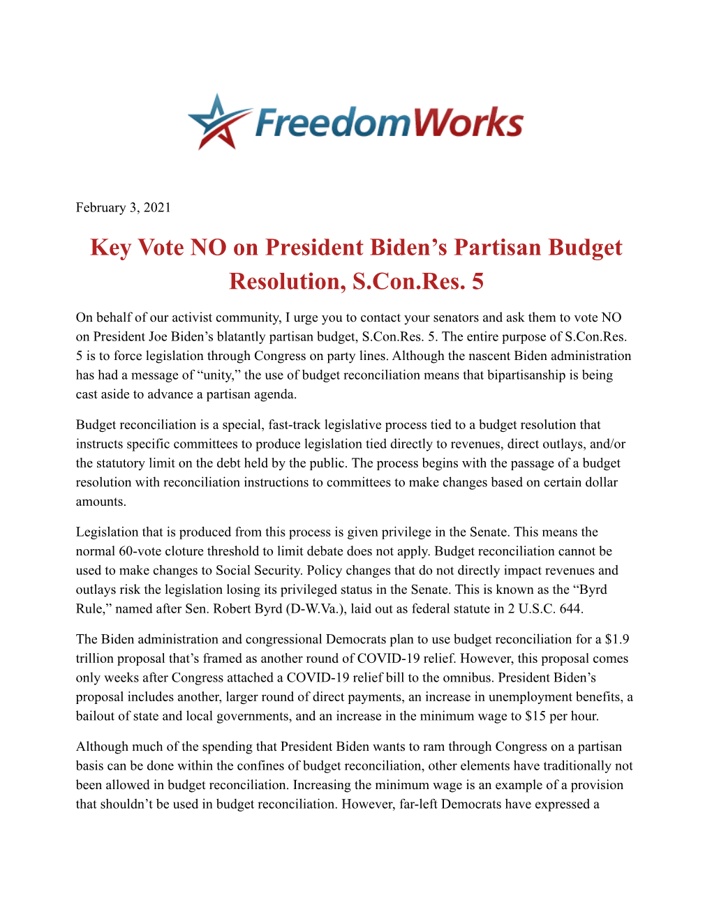 Key Vote NO on President Biden's Partisan Budget Resolution, S.Con.Res. 5