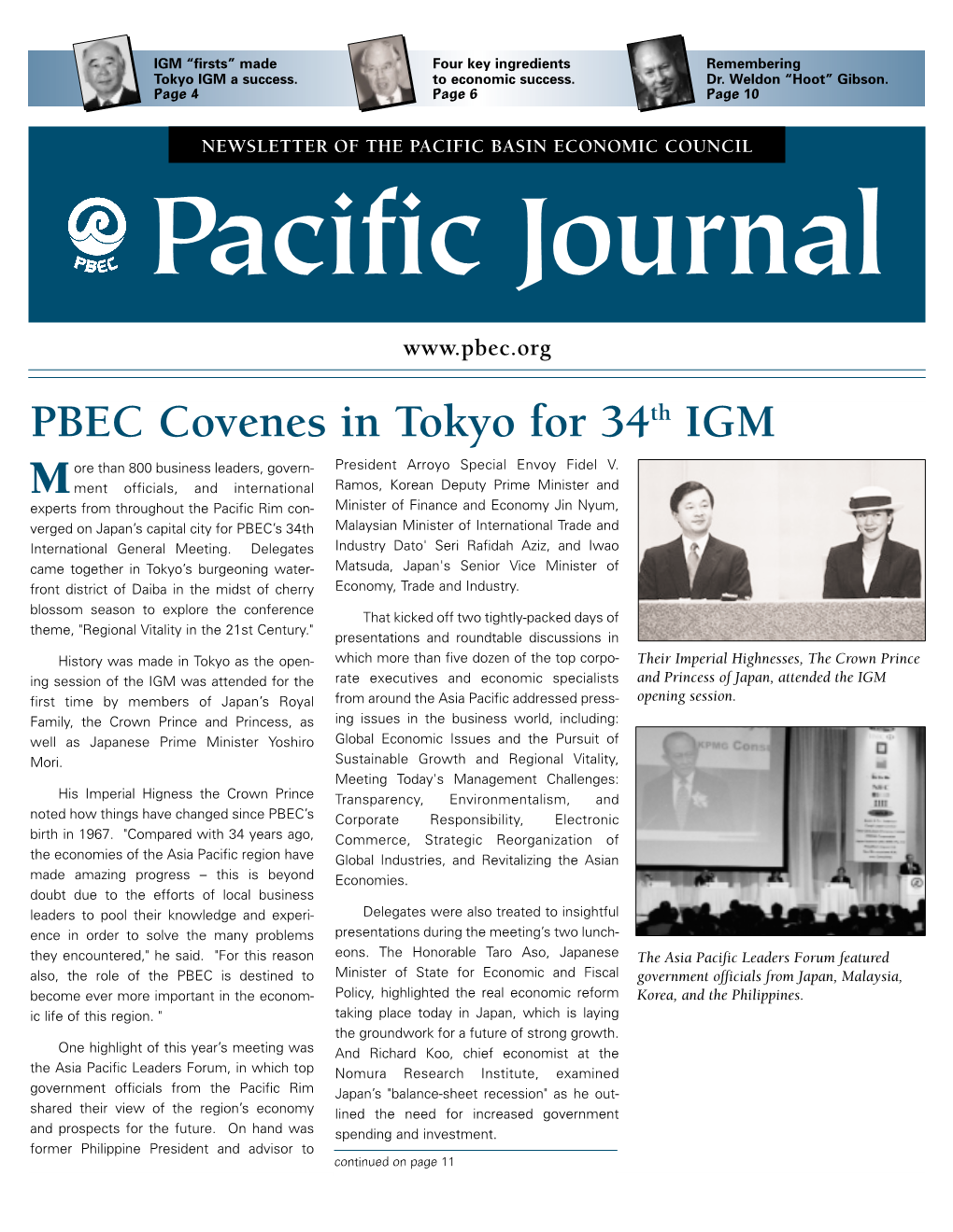 PBEC Covenes in Tokyo for 34Th IGM Ore Than 800 Business Leaders, Govern- President Arroyo Special Envoy Fidel V
