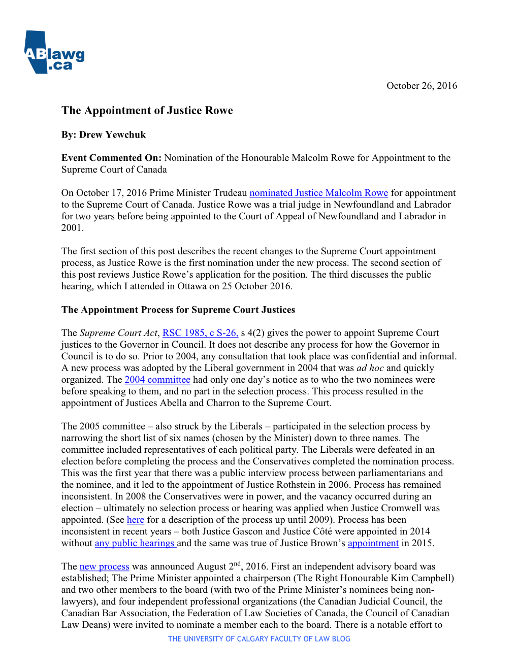 The Appointment of Justice Rowe