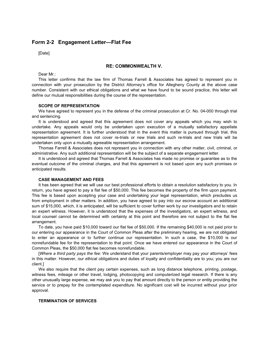 Form 2-2 Engagement Letter Flat Fee