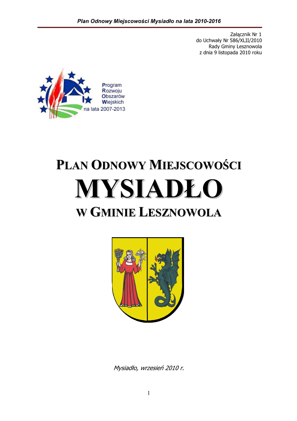 Plan Odnowy Miejscowości Mysiadło Na Lata 2010-2016