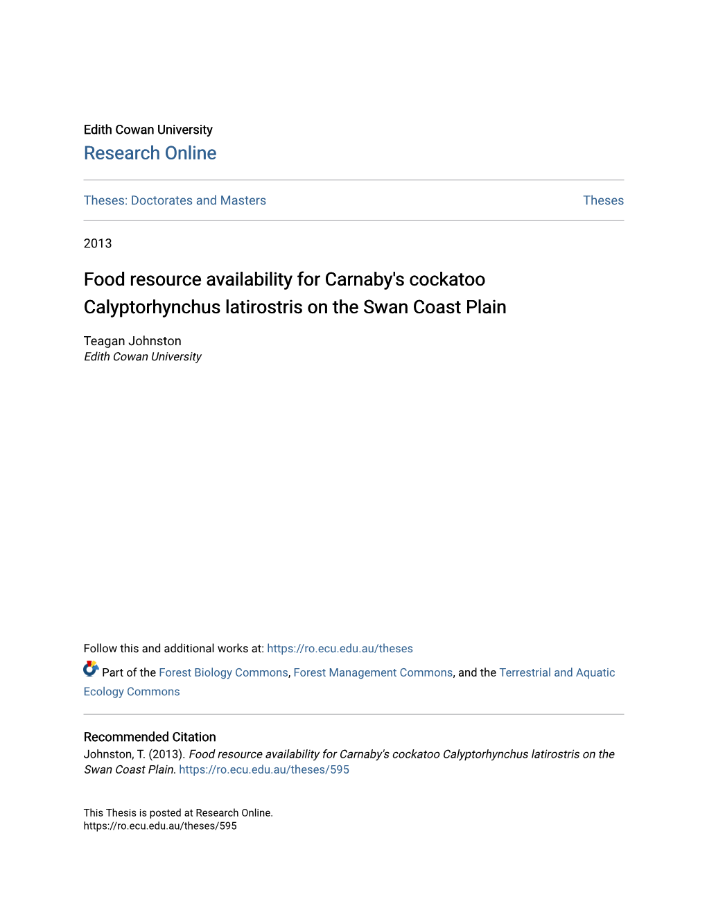 Food Resource Availability for Carnaby's Cockatoo Calyptorhynchus Latirostris on the Swan Coast Plain