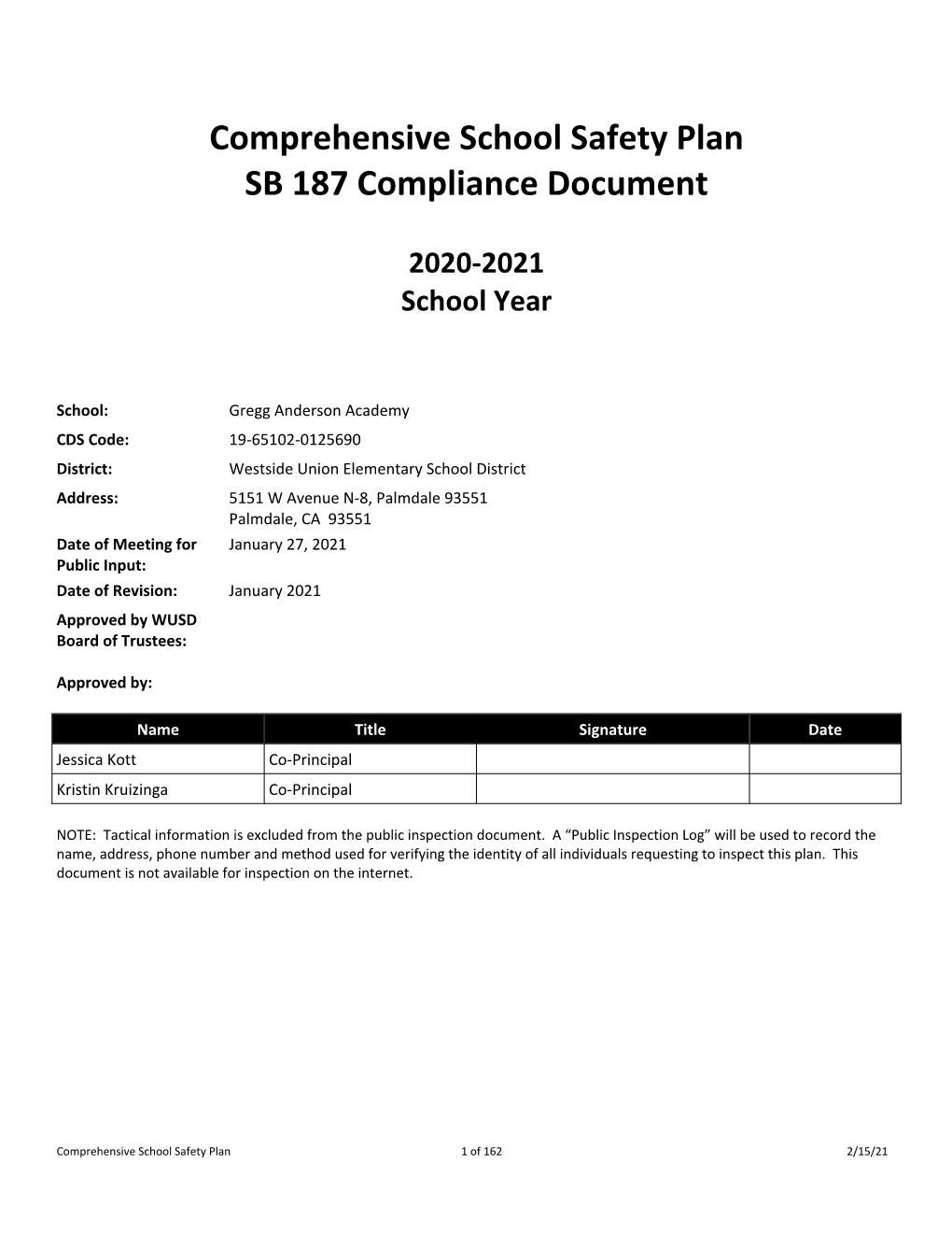 Comprehensive School Safety Plan SB 187 Compliance Document
