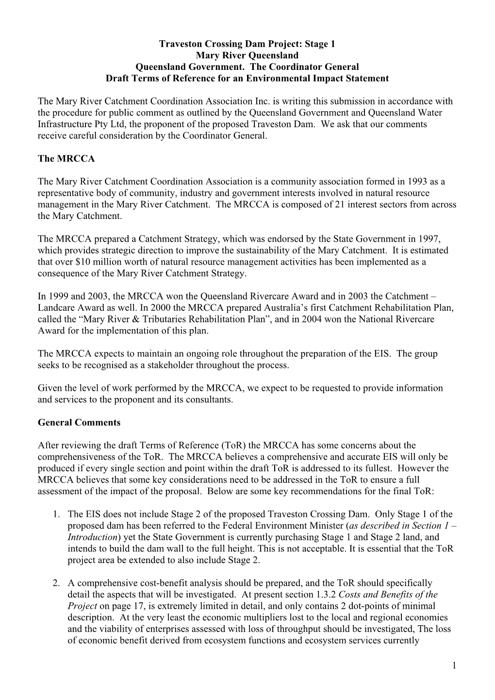 Traveston Crossing Dam Project: Stage 1 Mary River Queensland Queensland Government