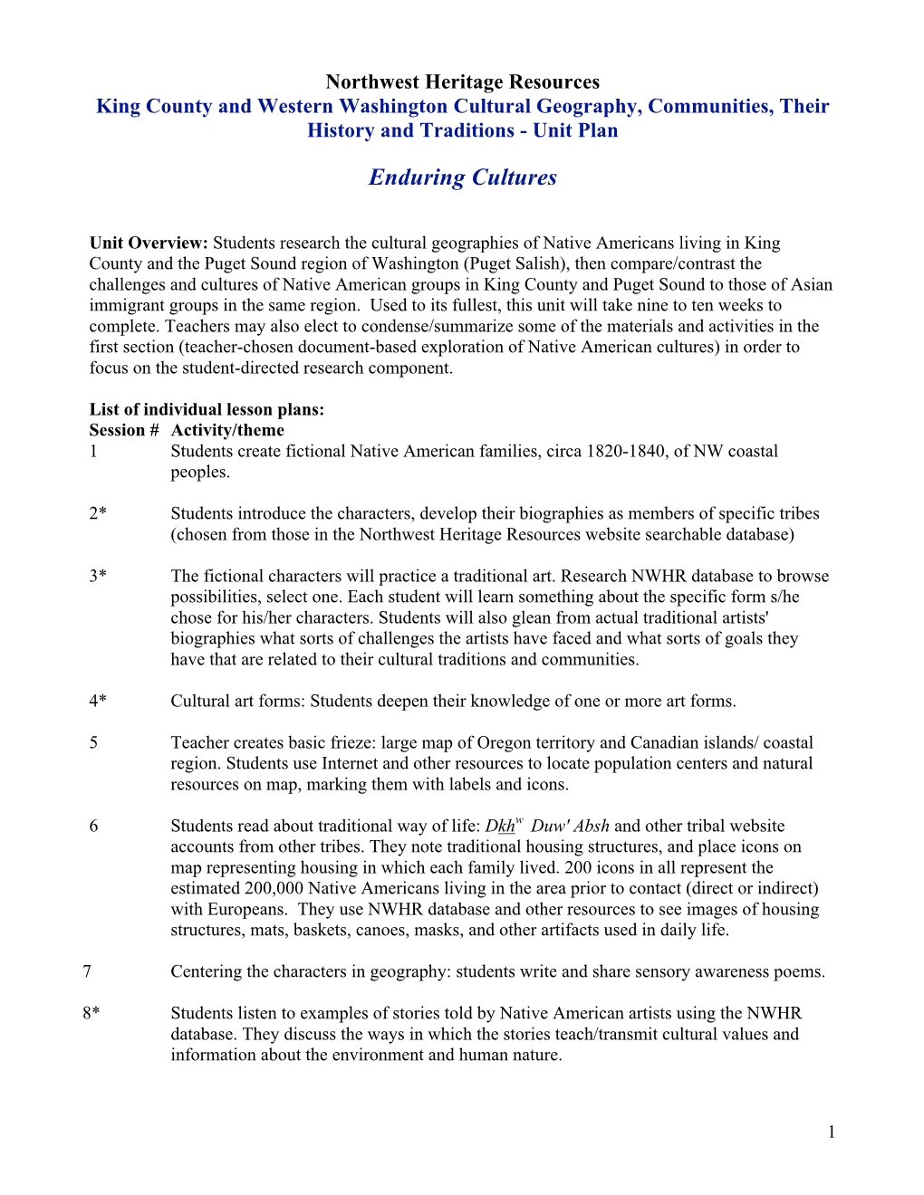 King County and Western Washington Cultural Geography, Communities, Their History and Traditions - Unit Plan