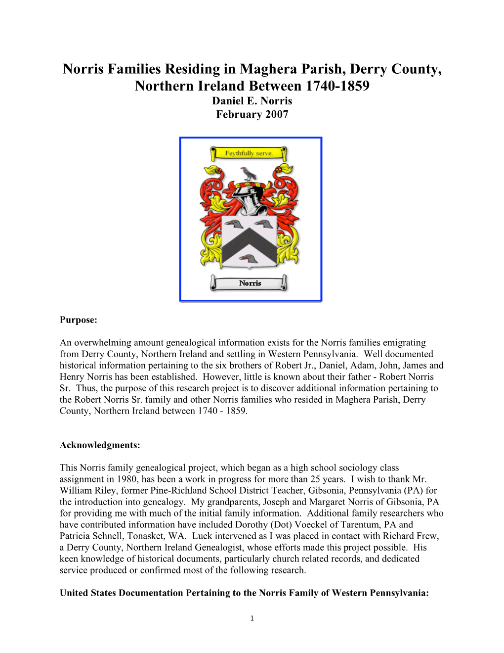 Norris Families Residing in Maghera Parish, Derry County, Northern Ireland Between 1740-1859 Daniel E