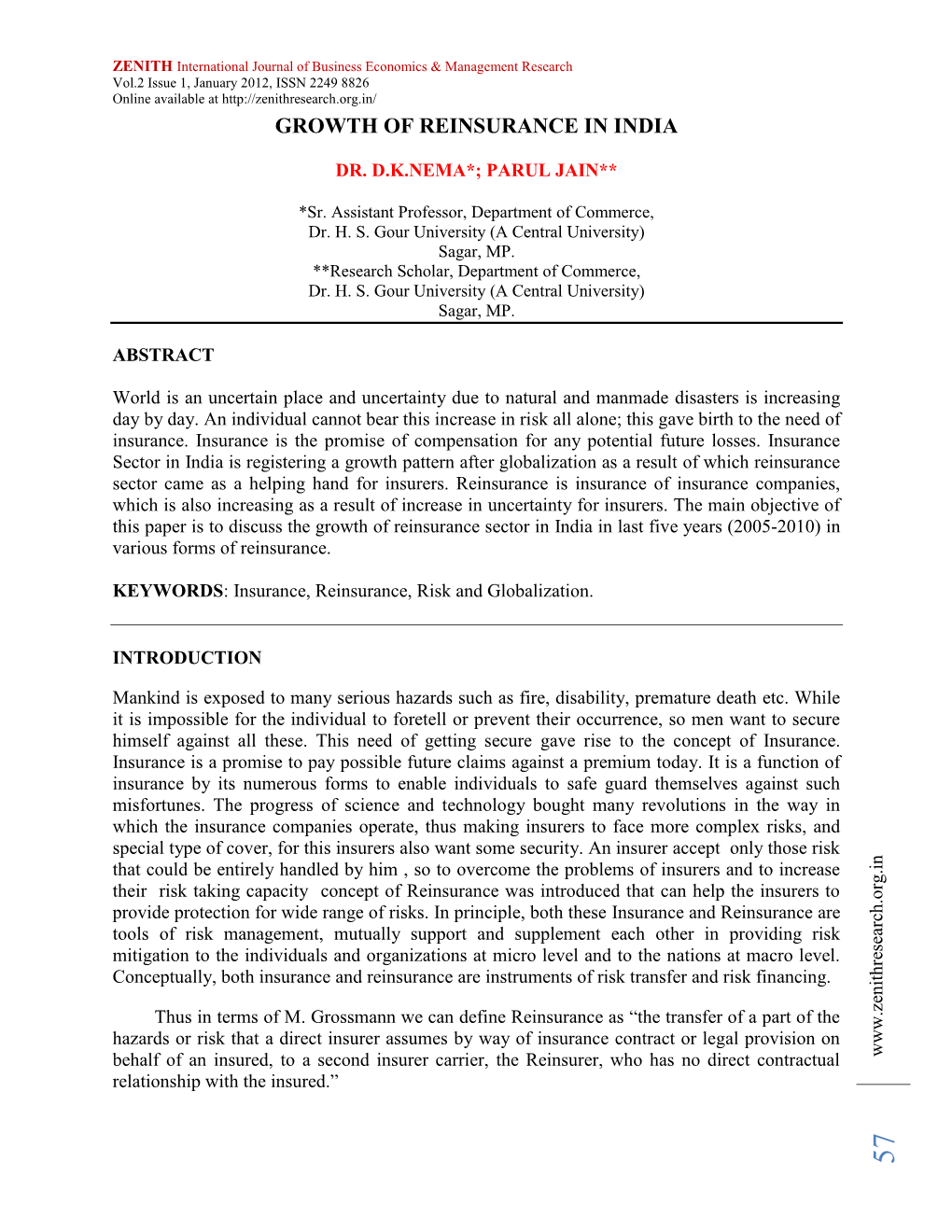 Growth of Reinsurance in India Dr. D.K.Nema, Parul Jain