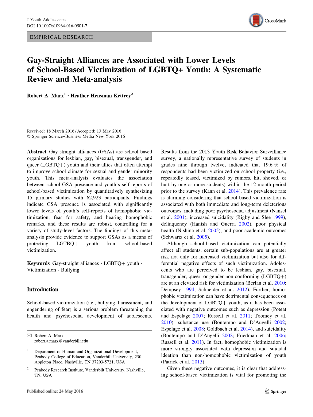 Gay-Straight Alliances Are Associated with Lower Levels of School-Based Victimization of LGBTQ+ Youth: a Systematic Review and Meta-Analysis