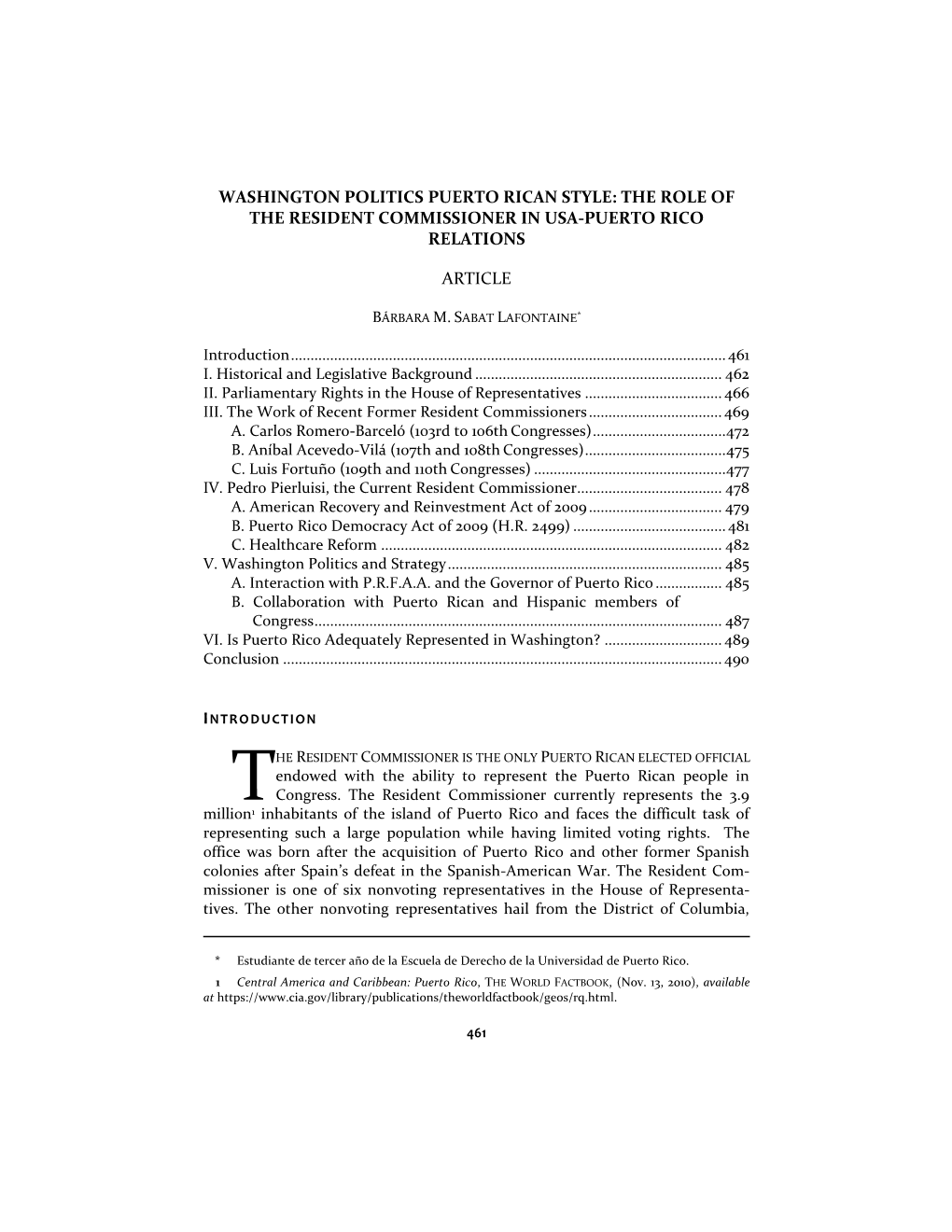 Washington Politics Puerto Rican Style: the Role of the Resident Commissioner in Usa-Puerto Rico Relations Article